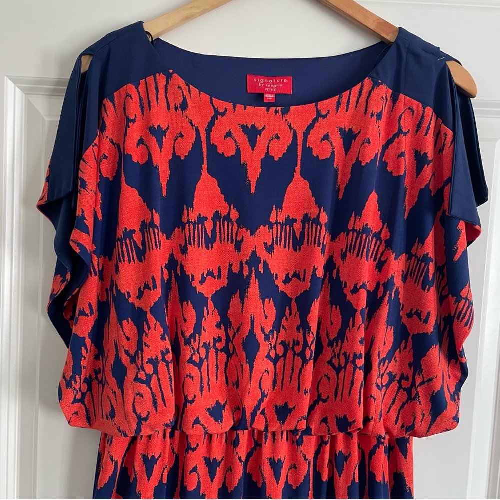 Signature by Sangria Navy and Red/Orange Patterned Midi Dress - Picture 3 of 9